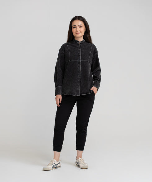 Women's Denim Band Collar Shirt