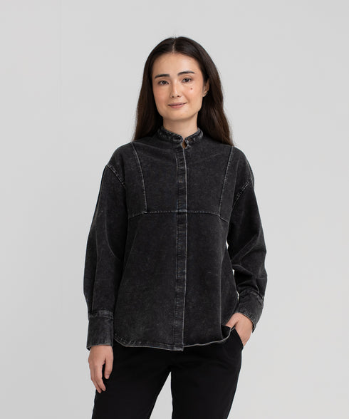 Women's Denim Band Collar Shirt