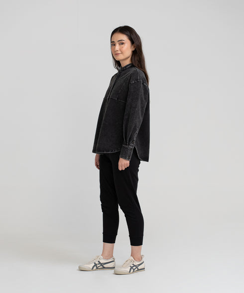 Women's Denim Band Collar Shirt