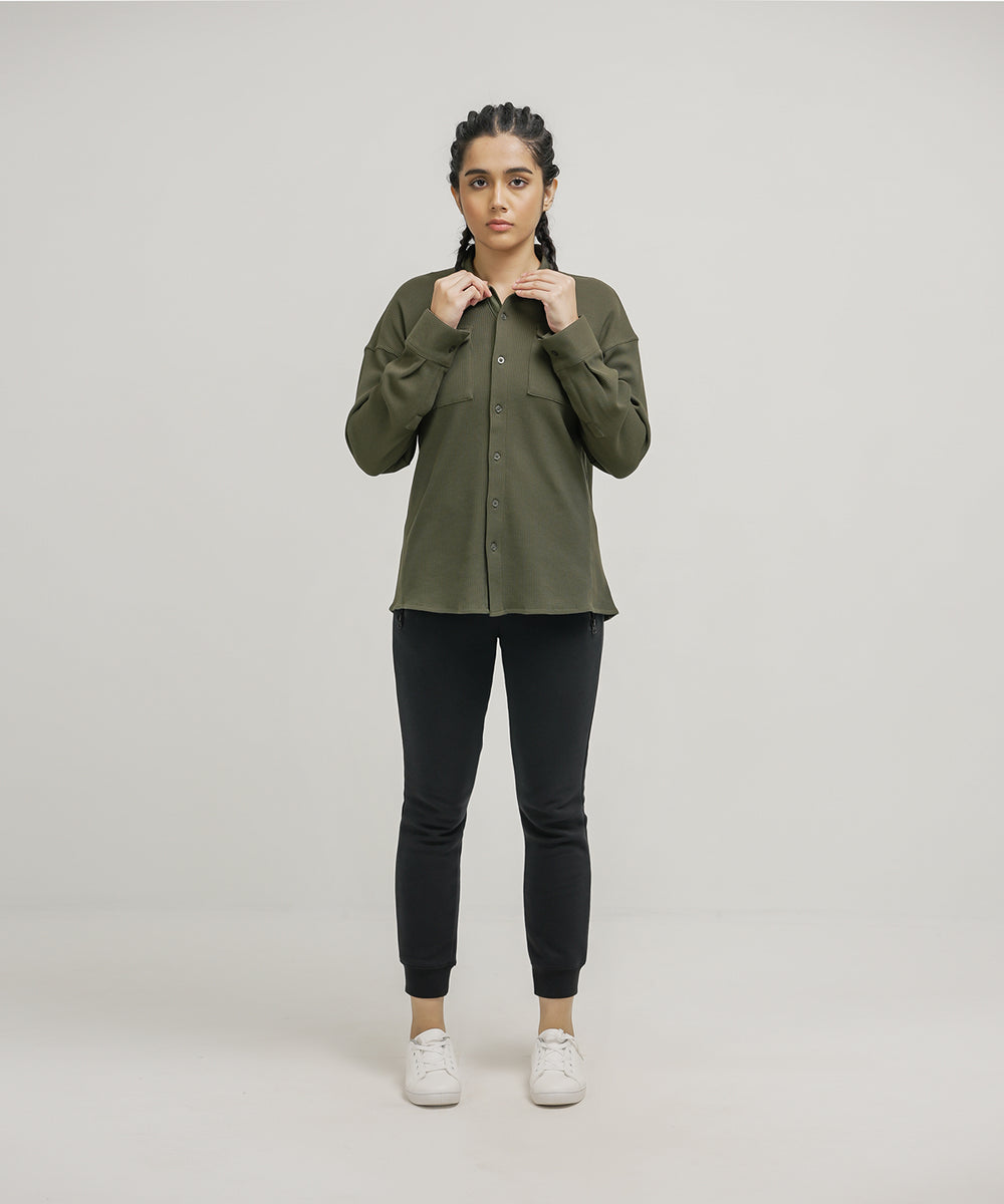 Women's Waffle-Knit Mineral Washed Button Down Shirt in Green